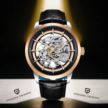 Men’s Skeleton Mechanical Watch With Leather Strap