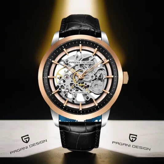 Men’s Skeleton Mechanical Watch With Leather Strap