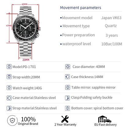Men’s Chronograph Quartz Watch Sapphire 100M Waterproof