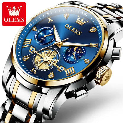 Men's Skeleton Quartz Watch Chronograph Moon Phase