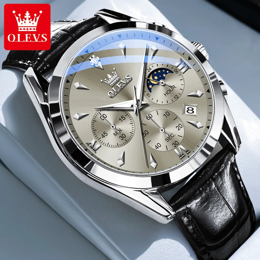 Men’s Moon Phase Chronograph Watch With Leather Strap