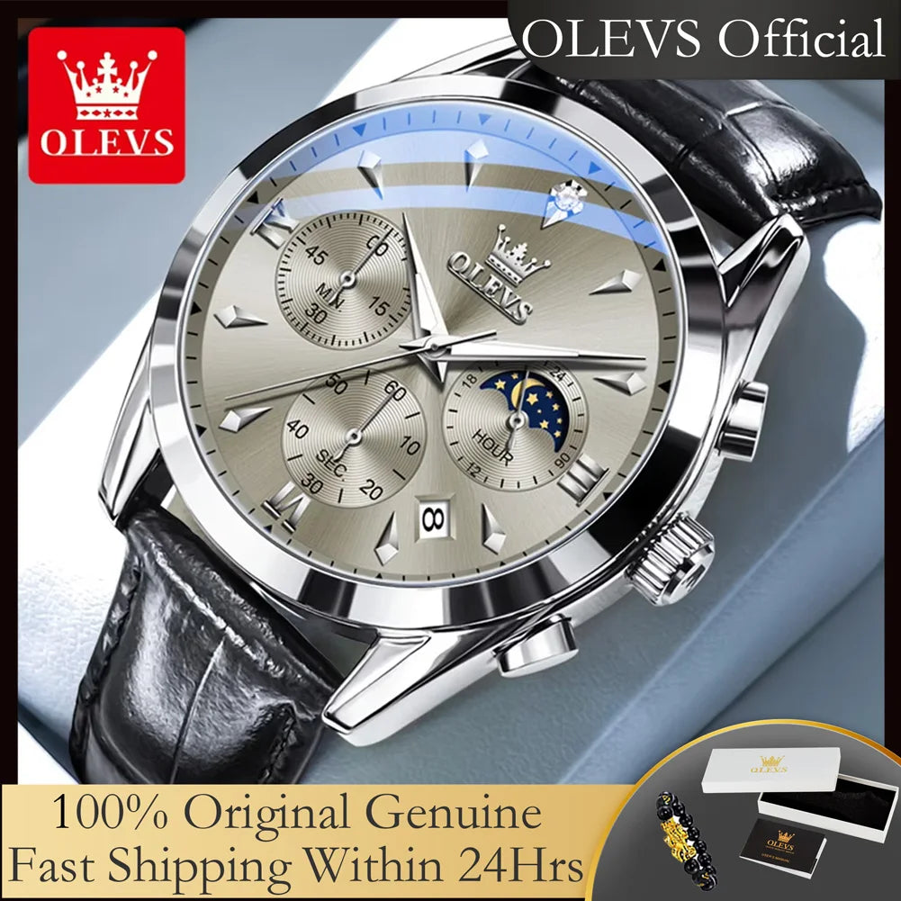 Men’s Moon Phase Chronograph Watch With Leather Strap