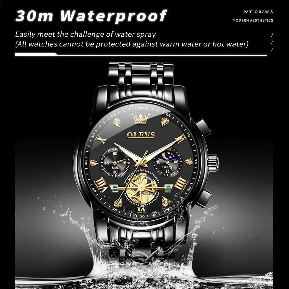 Men's Luxury Quartz Watch Moon Phase Chronograph