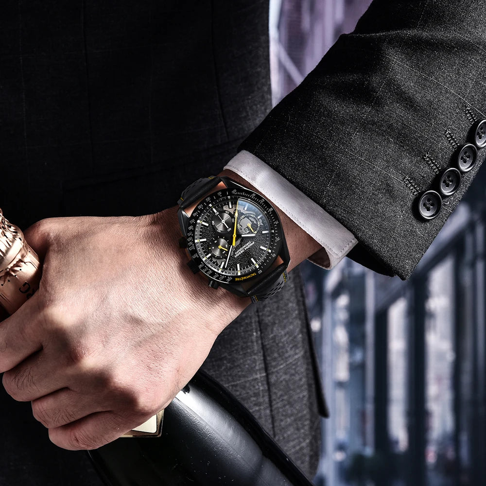 Men’s Black Chronograph Watch Quartz, Leather & Sapphire