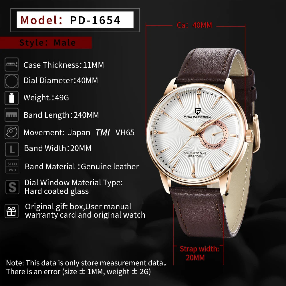 Men’s Quartz Dress Watch 10 Bar – Leather Strap, 40 mm