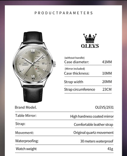 Men's Quartz Dress Watch With Calendar and Leather Band