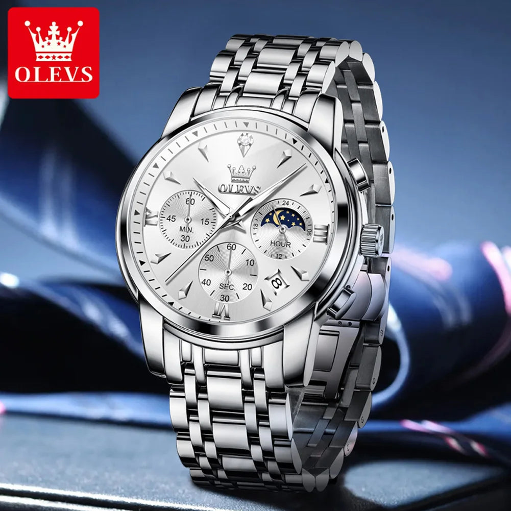 Men’s Stainless Steel Quartz Watch With Moon Phase