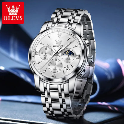 Men’s Stainless Steel Quartz Watch With Moon Phase
