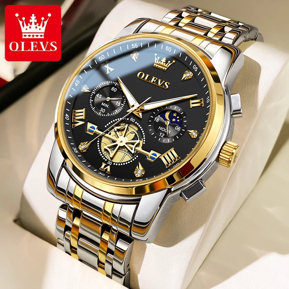 Men's Skeleton Quartz Watch Chronograph Moon Phase
