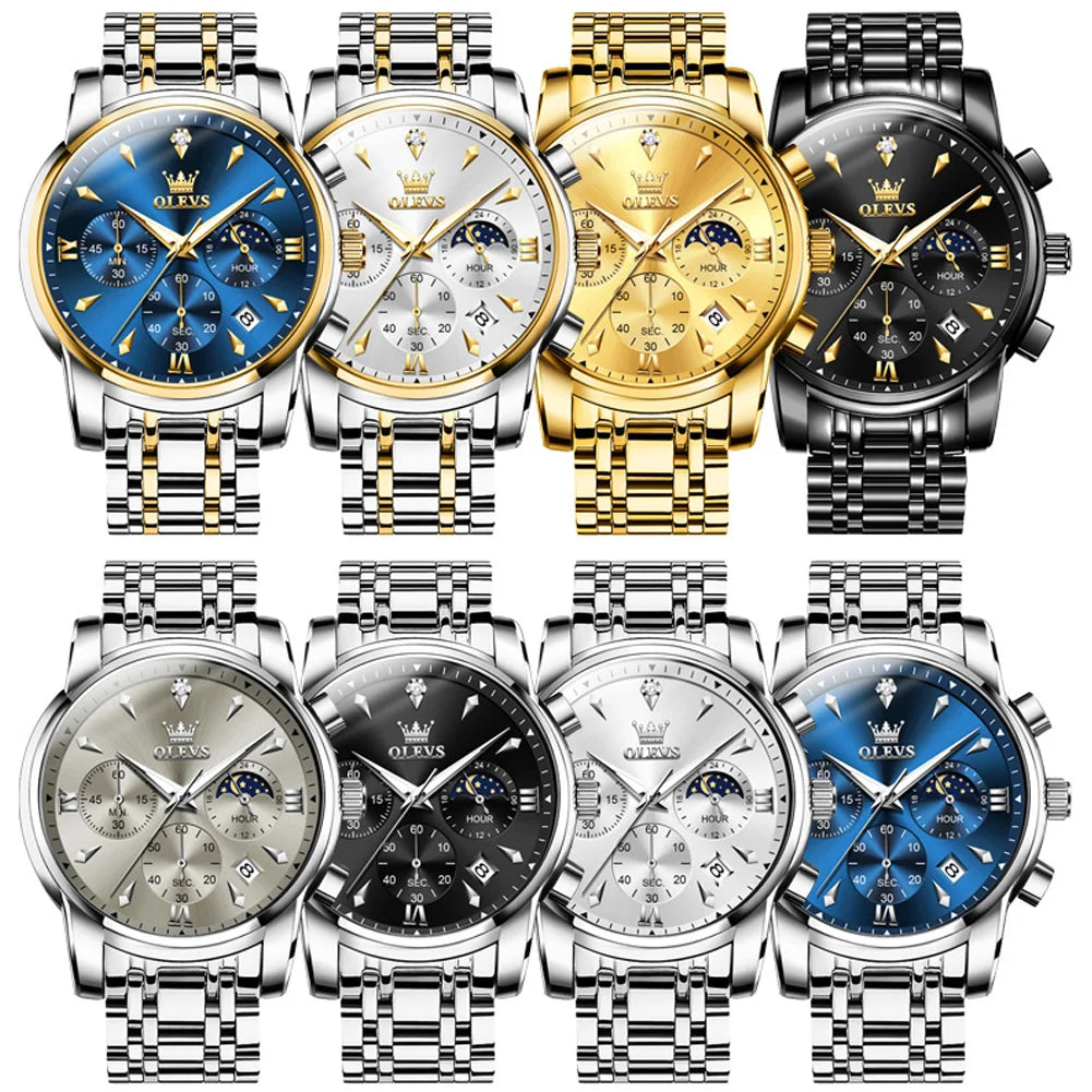 Men’s Stainless Steel Quartz Watch With Moon Phase