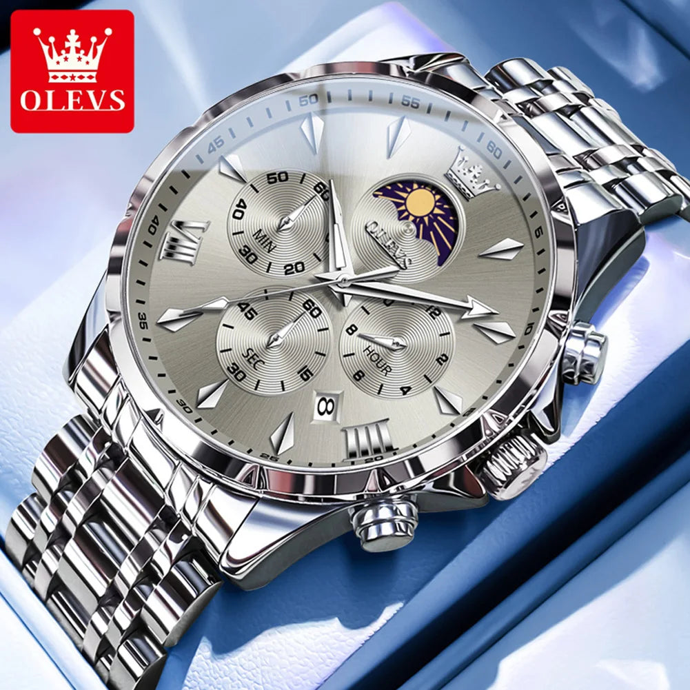 Men’s Chronograph Quartz Watch Moon Phase Stainless Steel