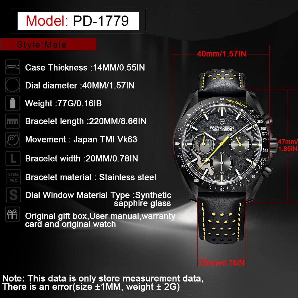Men’s Black Chronograph Watch Quartz, Leather & Sapphire