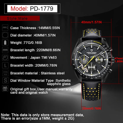 Men’s Black Chronograph Watch Quartz, Leather & Sapphire