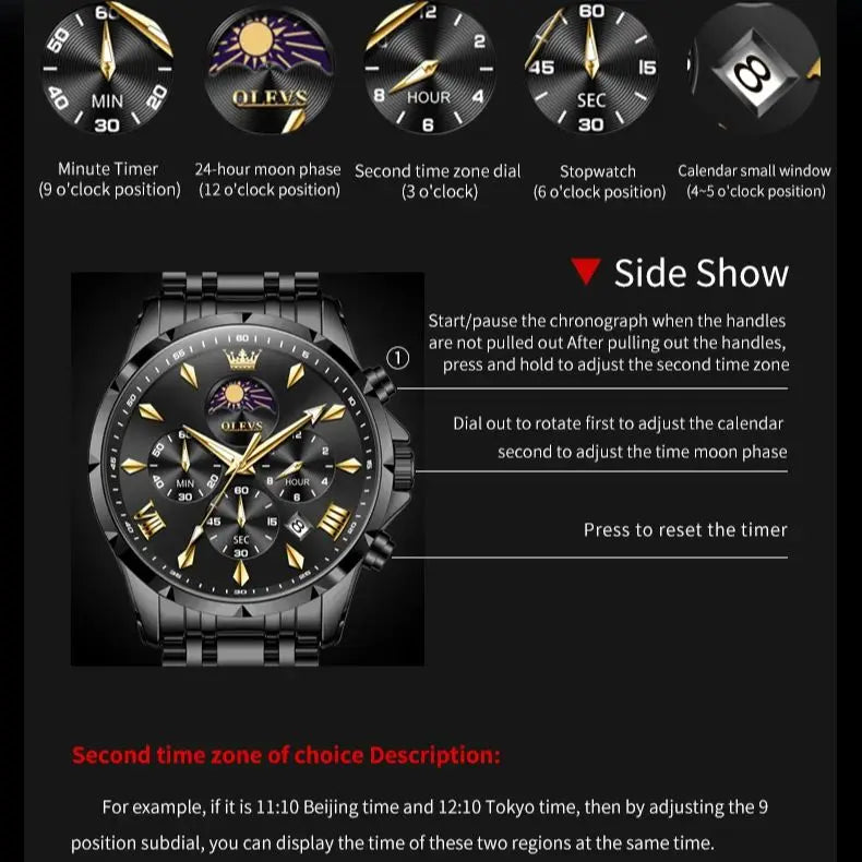 Men's Moon Phase Quartz Watch With Luminous Dial