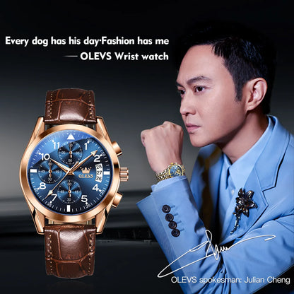 Men’s Leather Quartz Watch With Luminous Dial & Date