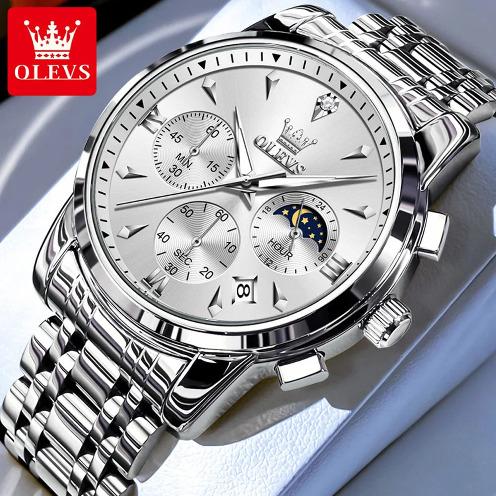 Men’s Stainless Steel Quartz Watch With Moon Phase