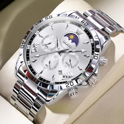 Men’s Moon Phase Luxury Chronograph Stainless Steel Watch