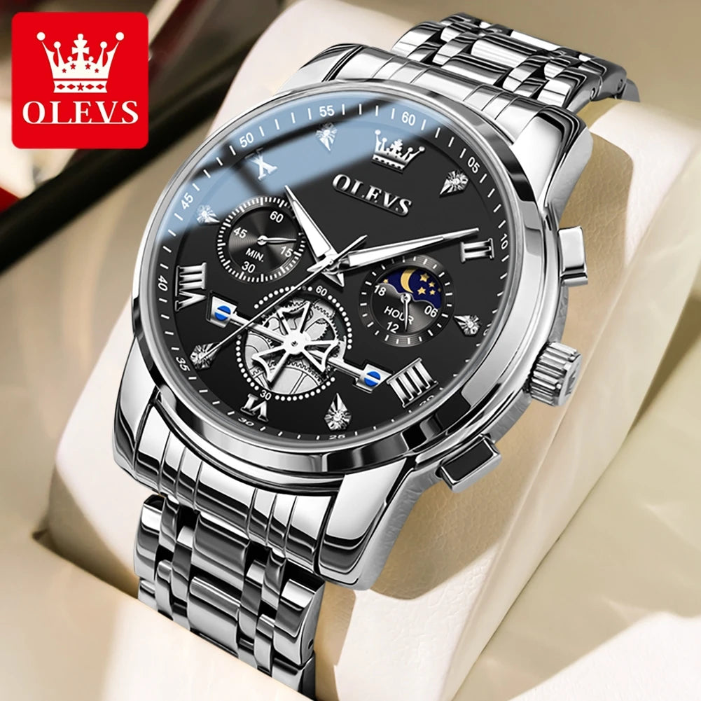 Men's Skeleton Quartz Watch Chronograph Moon Phase