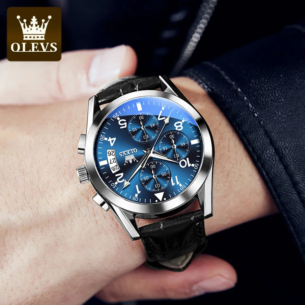 Men’s Leather Quartz Watch With Luminous Dial & Date