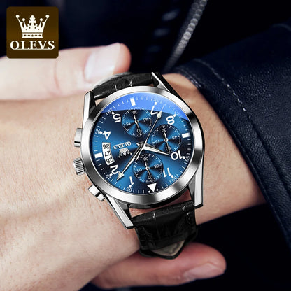 Men’s Leather Quartz Watch With Luminous Dial & Date