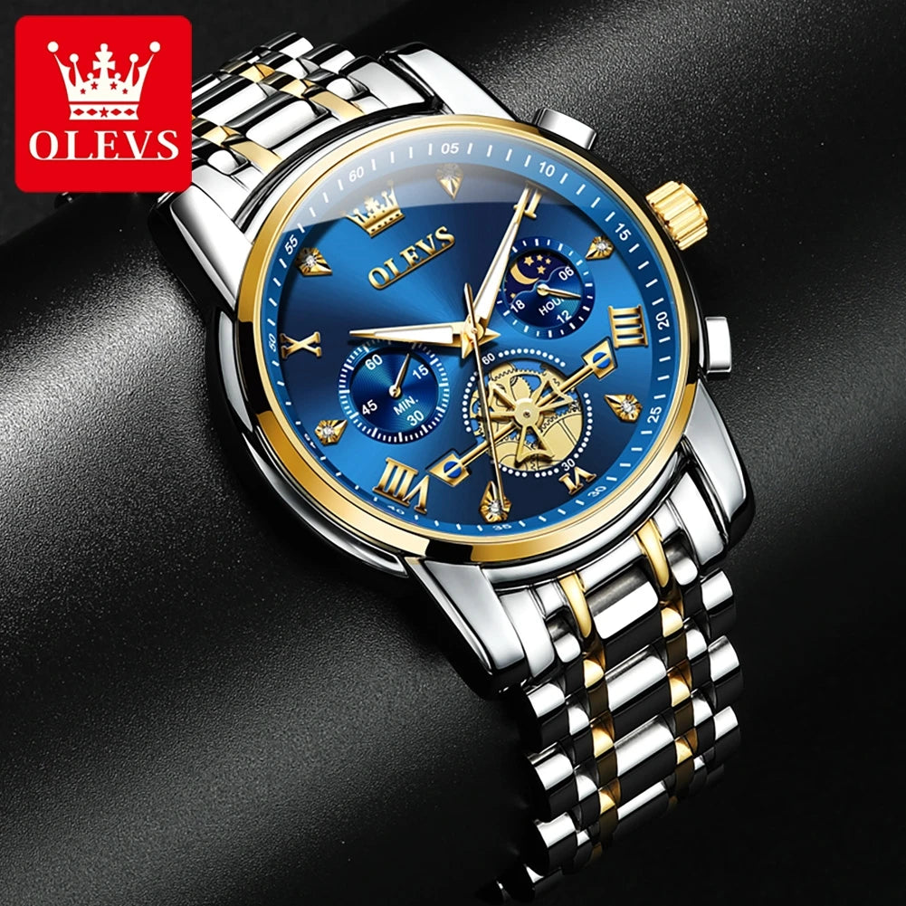 Men's Skeleton Quartz Watch Chronograph Moon Phase