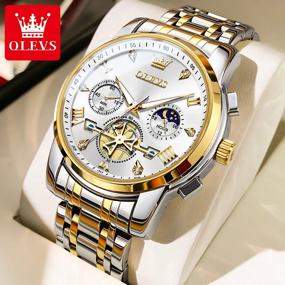 Men's Skeleton Quartz Watch Chronograph Moon Phase