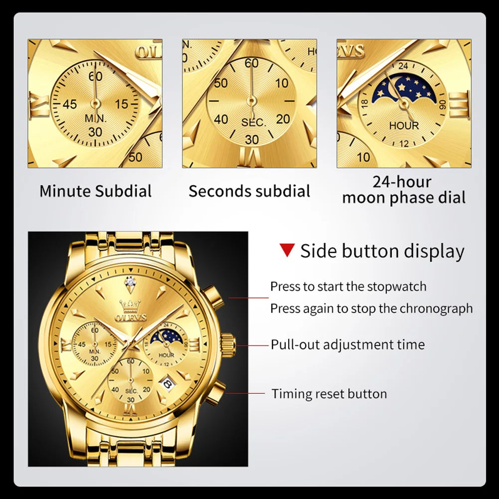 Men’s Stainless Steel Chronograph Watch With Moon Phase