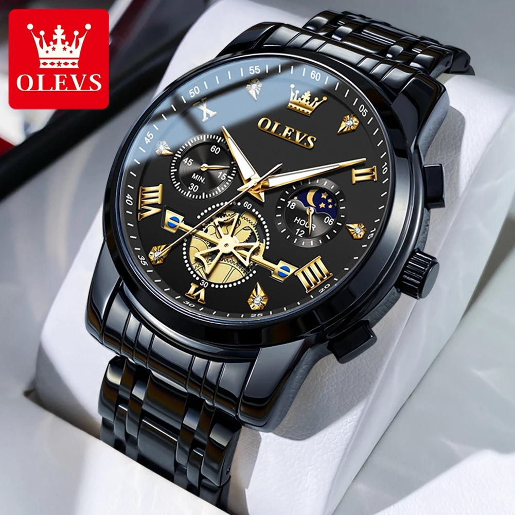 Men's Skeleton Quartz Watch Chronograph Moon Phase