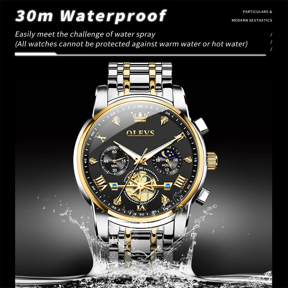 Men's Luxury Quartz Watch Moon Phase Chronograph