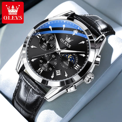 Men’s Moon Phase Chronograph Watch With Leather Strap