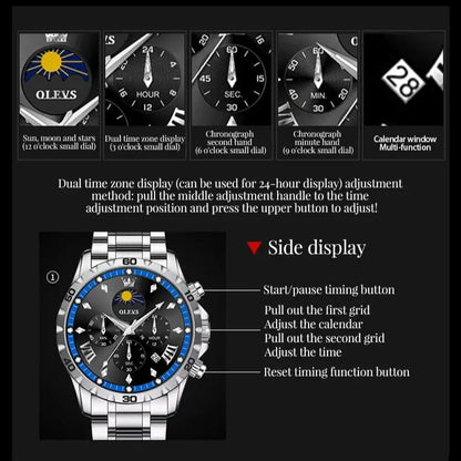 Men's Luxury Quartz Watch With Moon Phase Calendar