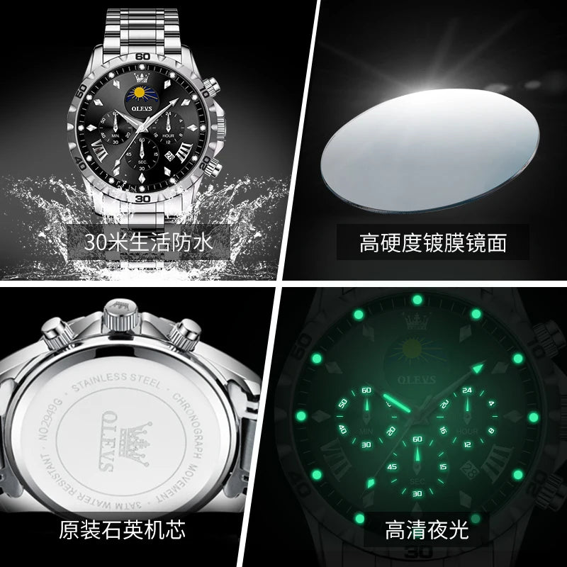 Men’s Moon Phase Luxury Chronograph Stainless Steel Watch