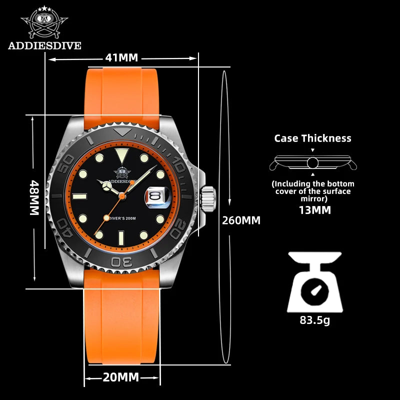 41mm Quartz Dive Watch 200m – Luminous Dial & Rubber Strap