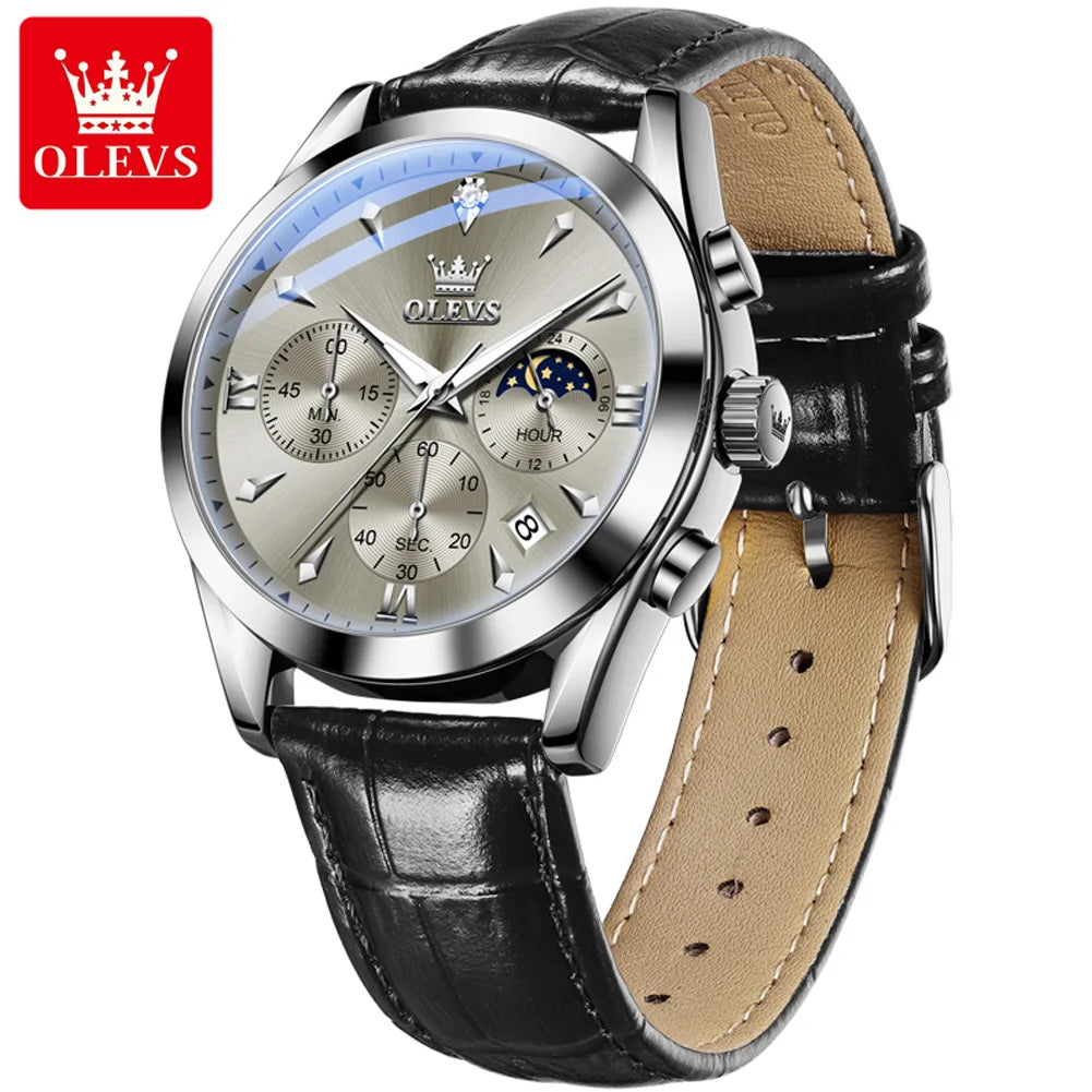 Men’s Moon Phase Chronograph Watch With Leather Strap
