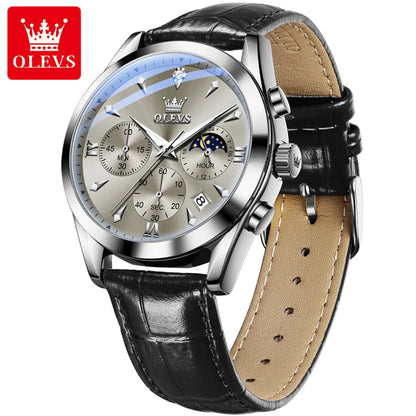 Men’s Moon Phase Chronograph Watch With Leather Strap