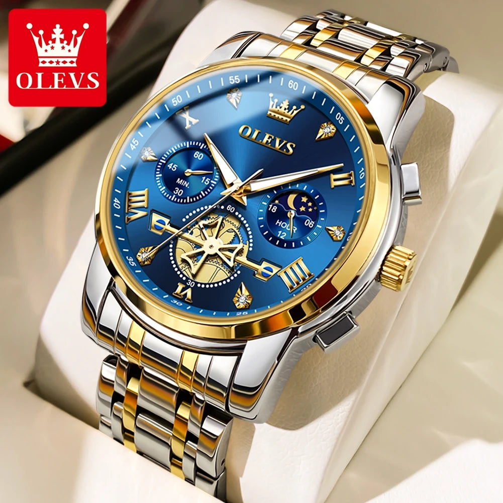 Men's Skeleton Quartz Watch Chronograph Moon Phase